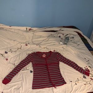 Derek Heart 100%Cotton Red/ Grey Stripped Long Sleeves Shirt With Front Tie